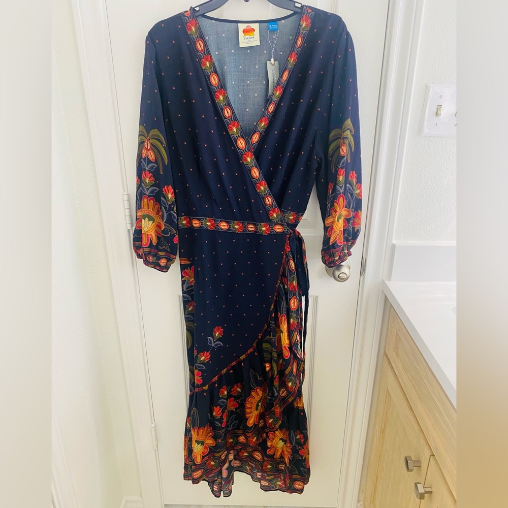 NWT Anthropologie x Farm Rio Navy Orange Floral Wrap Midi Dress XLP - Picture 4 of 12